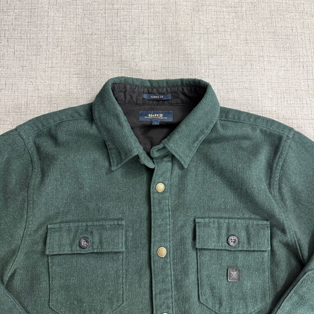 Roark Flannel Shirt Men's L Green Classic Organic Cotton Elbow Patches - Picture 2 of 11
